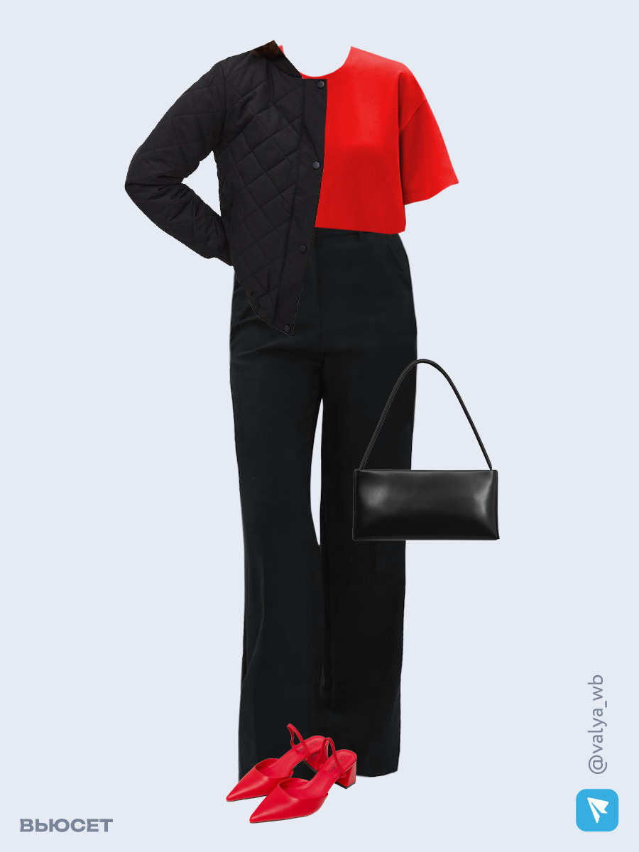 Образ с Вайлдберриз с артикулами (куртка, футболка, брюки, сумка, мюли)