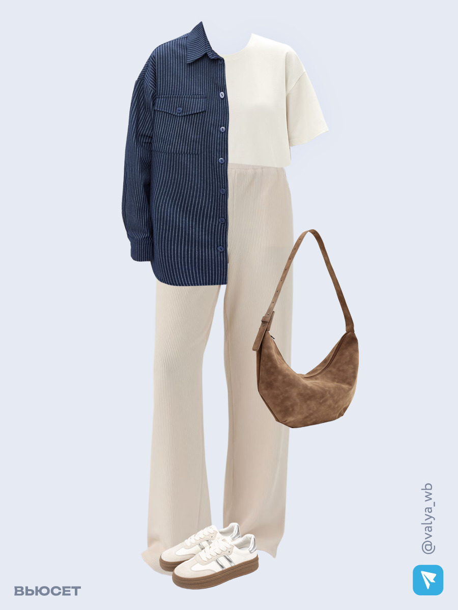 Образ с Вайлдберриз с артикулами (рубашка, футболка, брюки, сумка, кеды)