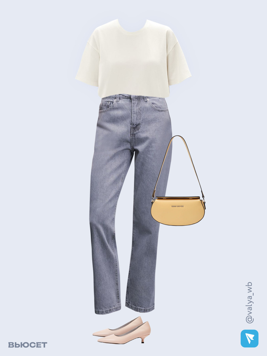 Образ с Вайлдберриз с артикулами (футболка, джинсы, сумка, туфли)