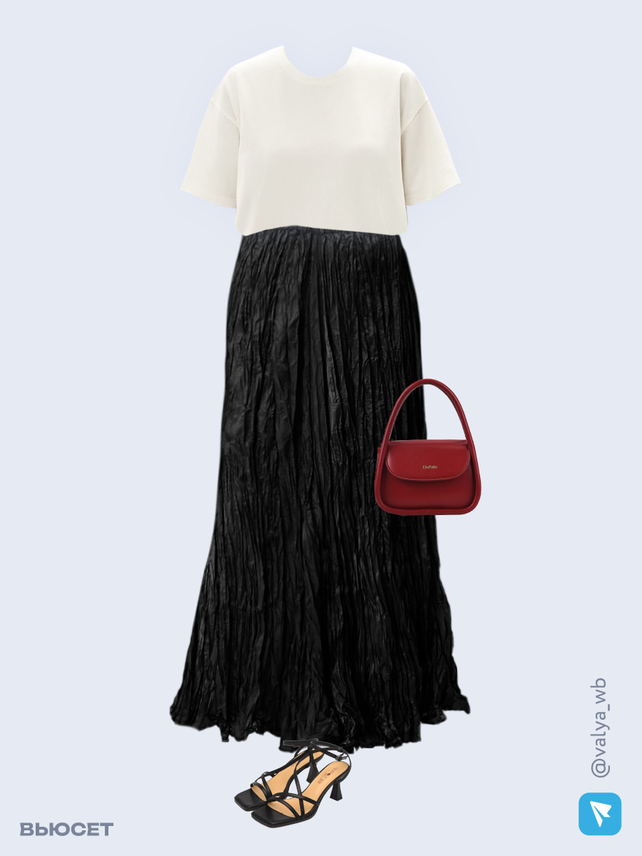 Образ с Вайлдберриз с артикулами (футболка, юбка, сумка, босоножки)