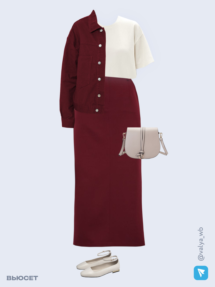 Образ с Вайлдберриз с артикулами (куртка, футболка, юбка, сумка, балетки)