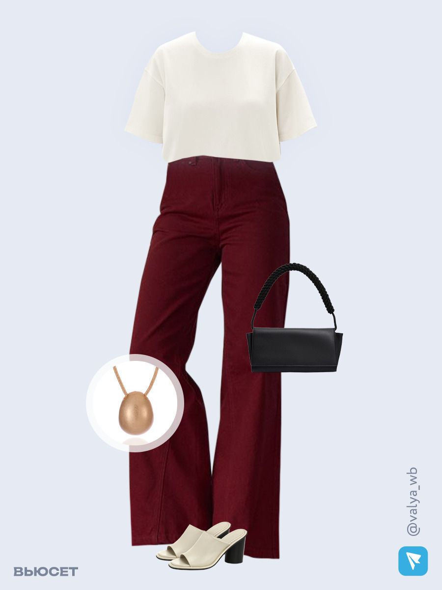 Образ с Вайлдберриз с артикулами (футболка, джинсы, сумка, мюли, кулон)