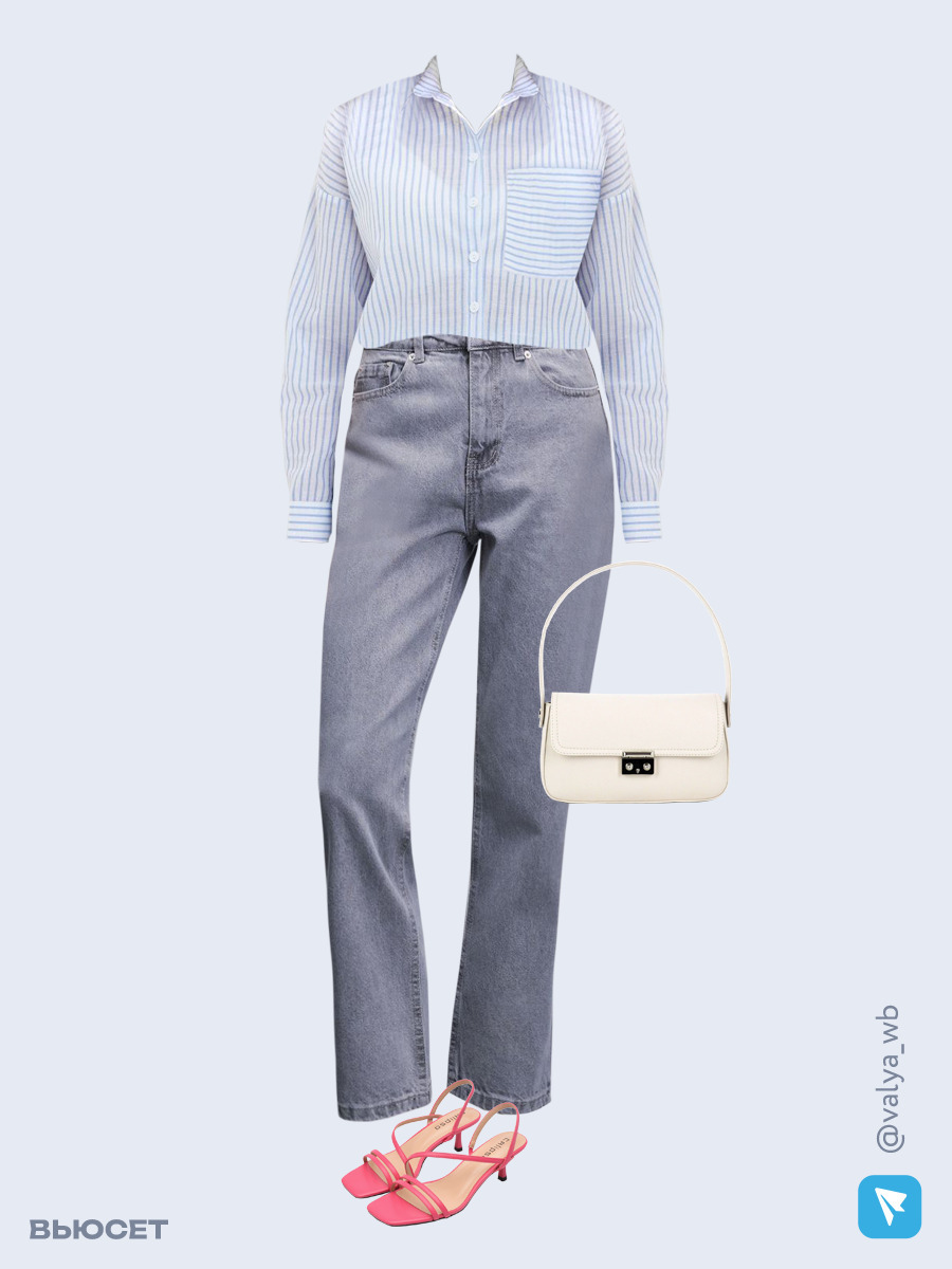 Образ с Вайлдберриз с артикулами (рубашка, джинсы, сумка, босоножки)
