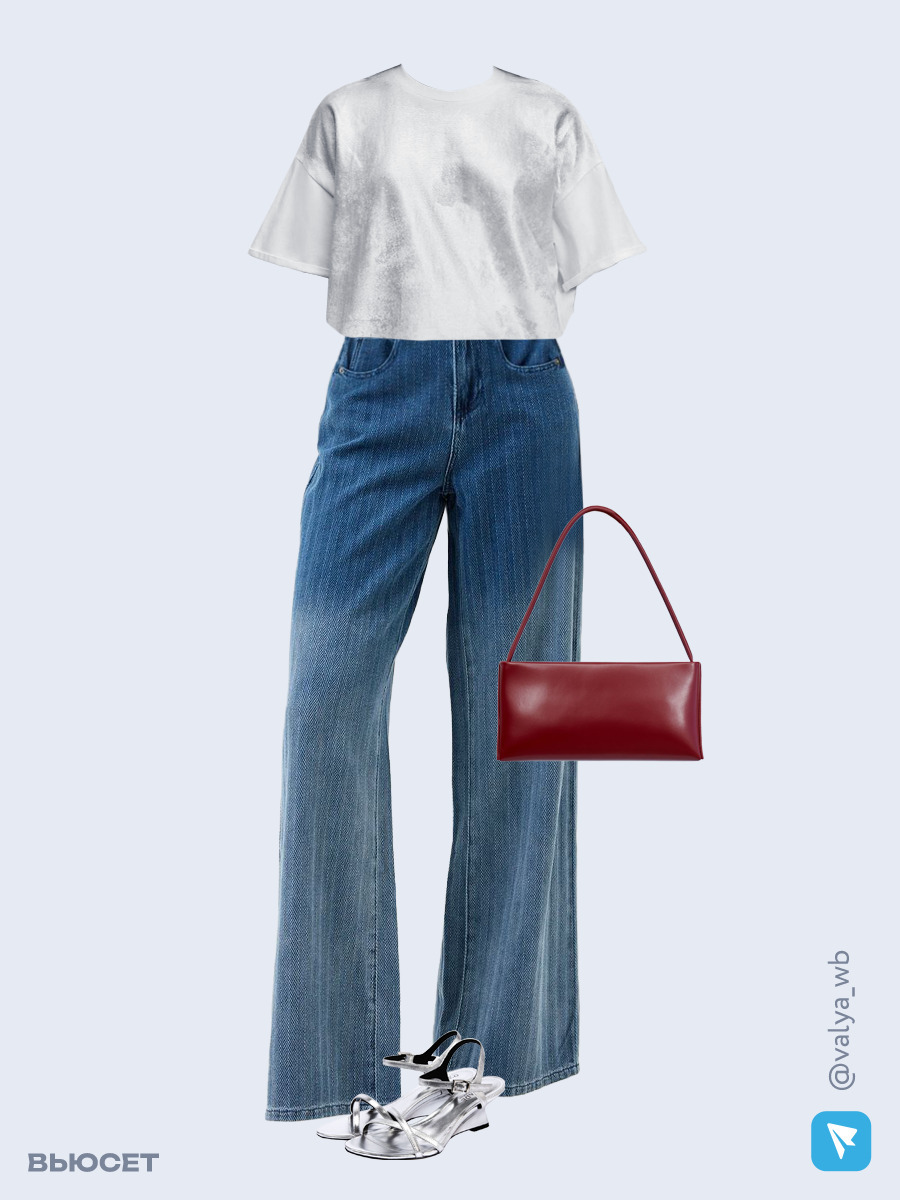 Образ с Вайлдберриз с артикулами (футболка, джинсы, сумка, босоножки)