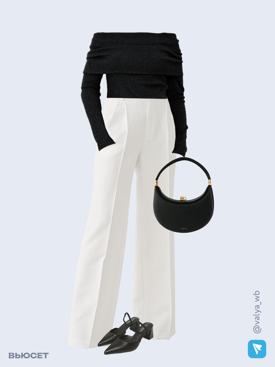 Образ с Вайлдберриз с артикулами (лонгслив, брюки, сумка, мюли)