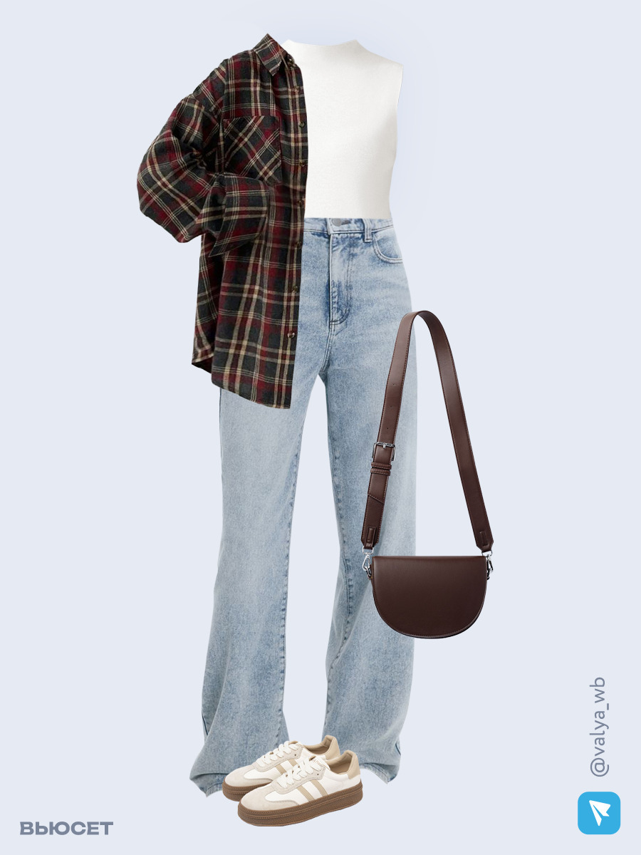 Образ с Вайлдберриз с артикулами (рубашка, джемпер, джинсы, сумка, кеды)