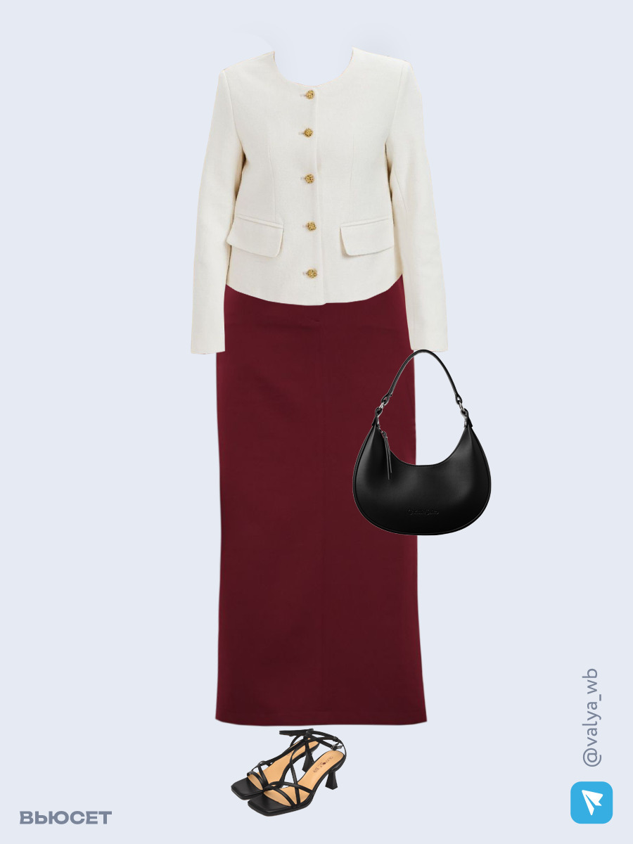 Образ с Вайлдберриз с артикулами (жакет, топ, юбка, сумка, босоножки)