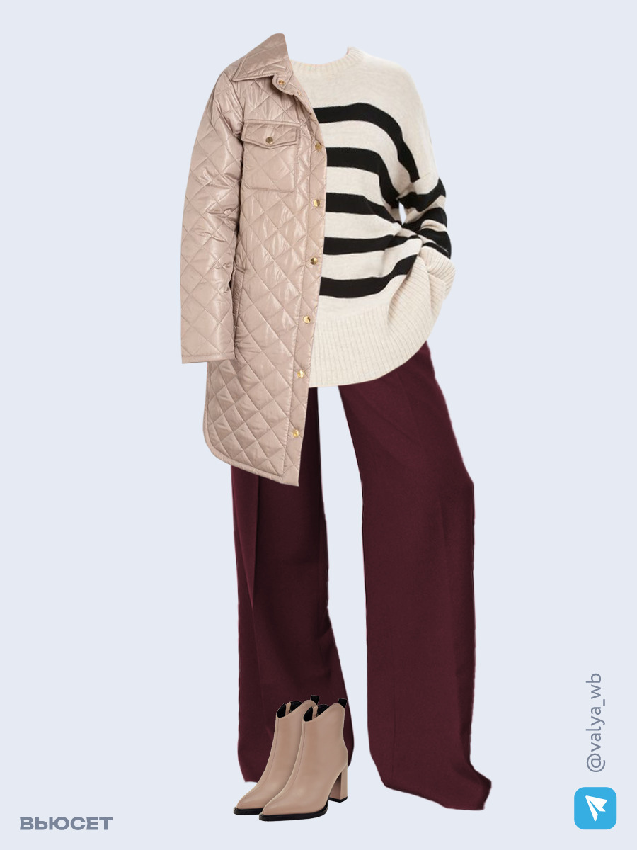 Образ с Вайлдберриз с артикулами (куртка, свитер, брюки, ботильоны)