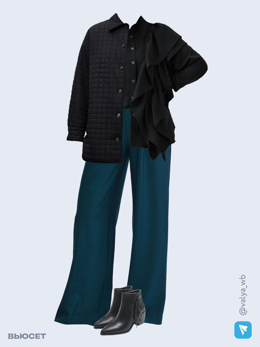 Образ с Вайлдберриз с артикулами (куртка, рубашка, брюки, ботильоны)