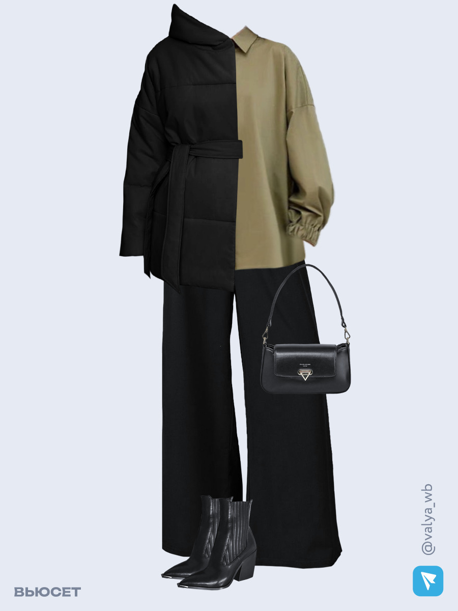 Образ с Вайлдберриз с артикулами (куртка, рубашка, брюки, сумка, ботильоны)