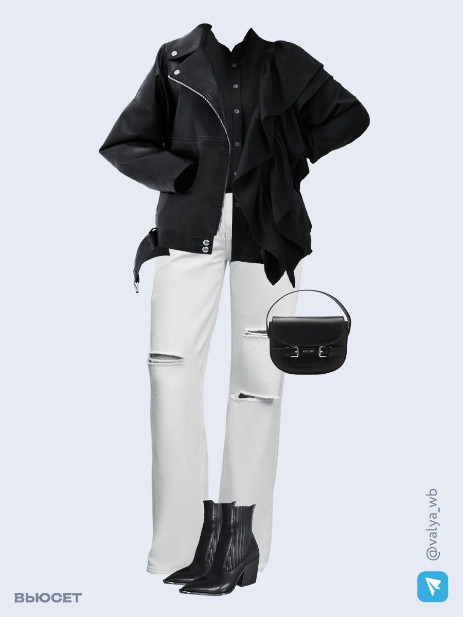 Образ с Вайлдберриз с артикулами (куртка, рубашка, джинсы, сумка, ботильоны)