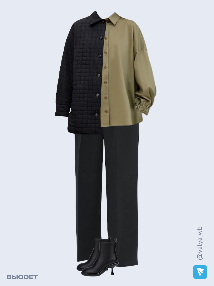 Образ с Вайлдберриз с артикулами (куртка, рубашка, брюки, ботильоны)