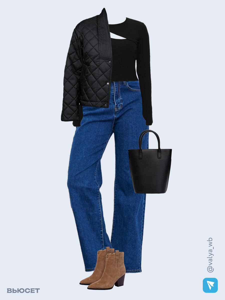 Образ с Вайлдберриз с артикулами (куртка, лонгслив, джинсы, сумка, ботильоны)