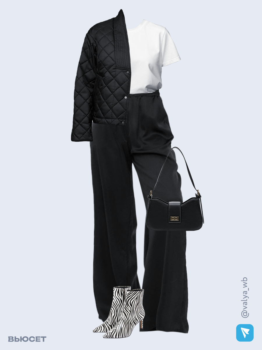 Образ с Вайлдберриз с артикулами (куртка, футболка, брюки, сумка, ботильоны)