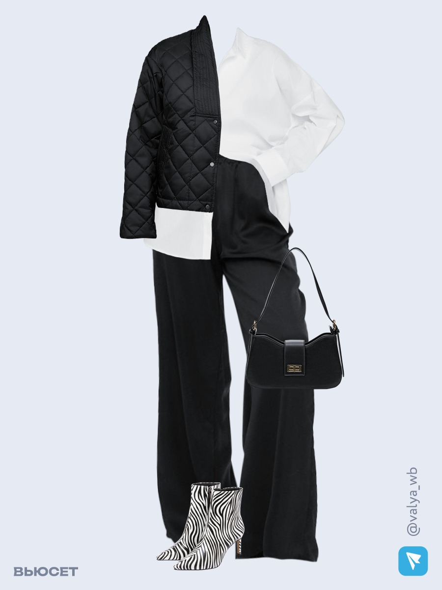 Образ с Вайлдберриз с артикулами (куртка, рубашка, брюки, сумка, ботильоны)