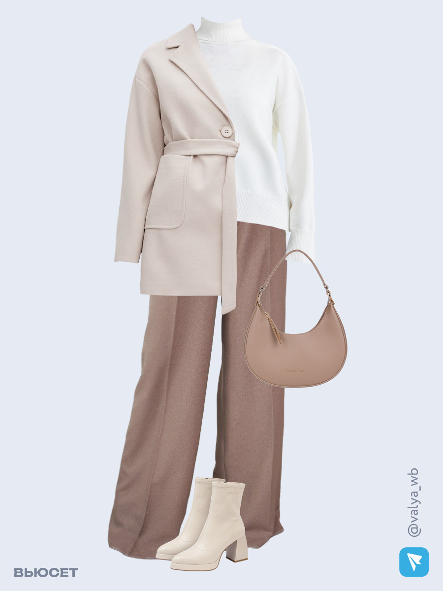 Образ с Вайлдберриз с артикулами (пальто, джемпер, брюки, сумка, ботильоны)