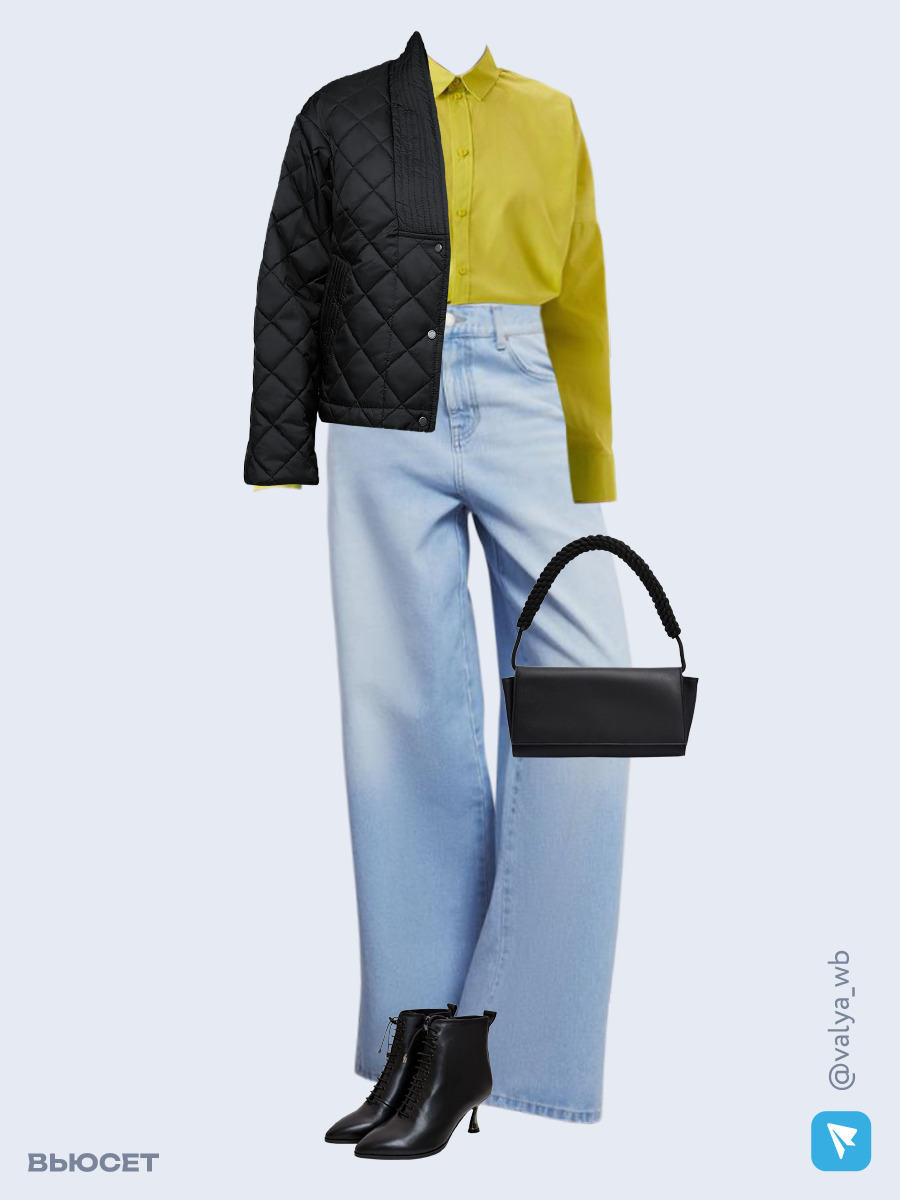 Образ с Вайлдберриз с артикулами (куртка, рубашка, джинсы, сумка, ботильоны)