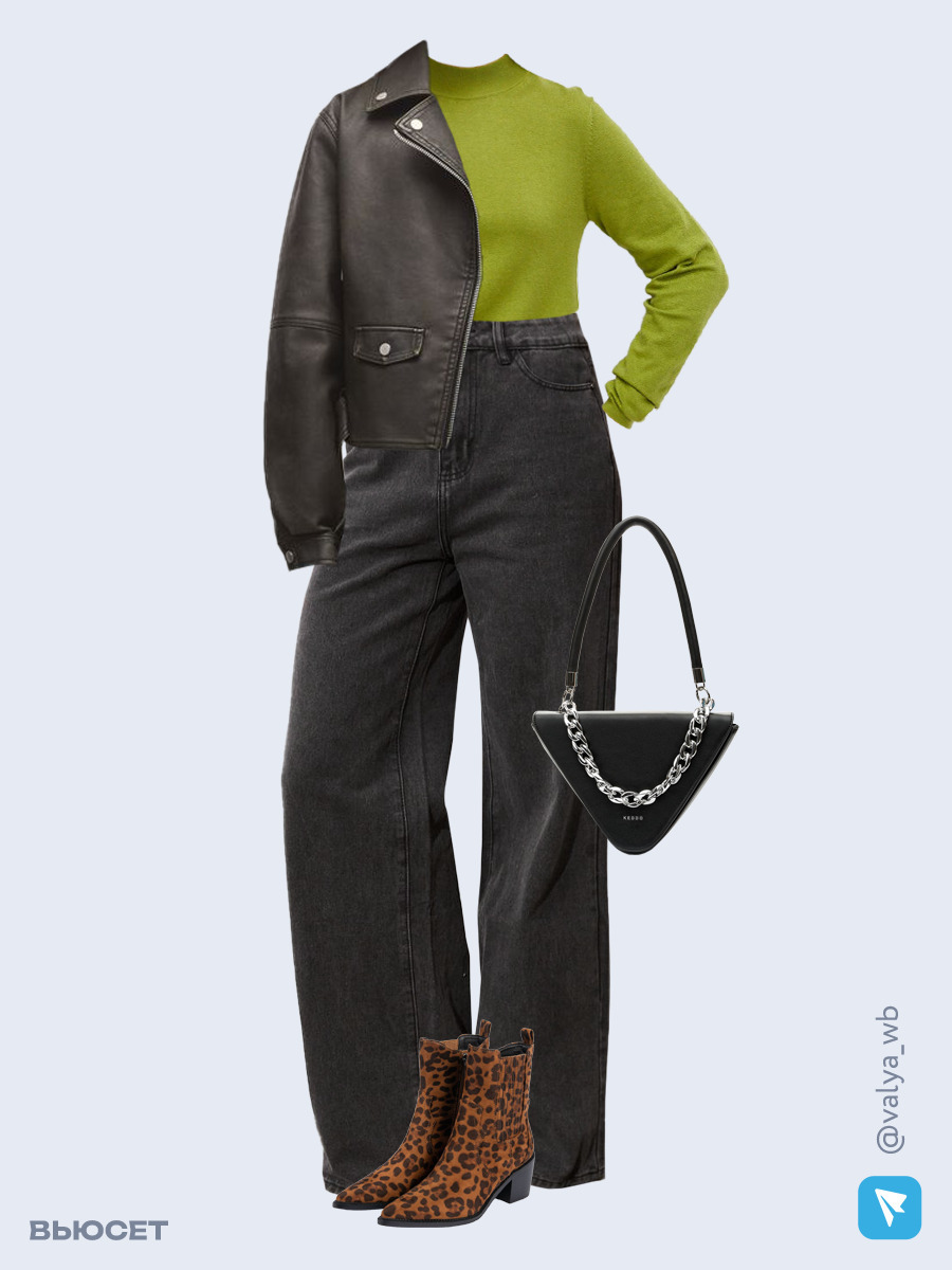 Образ с Вайлдберриз с артикулами (куртка, джемпер, джинсы, сумка, ботильоны)