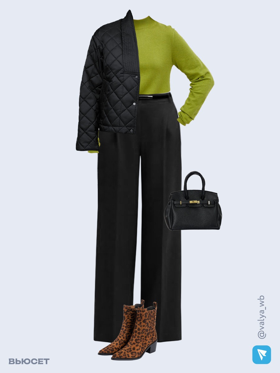 Образ с Вайлдберриз с артикулами (куртка, джемпер, брюки, сумка, ботильоны)