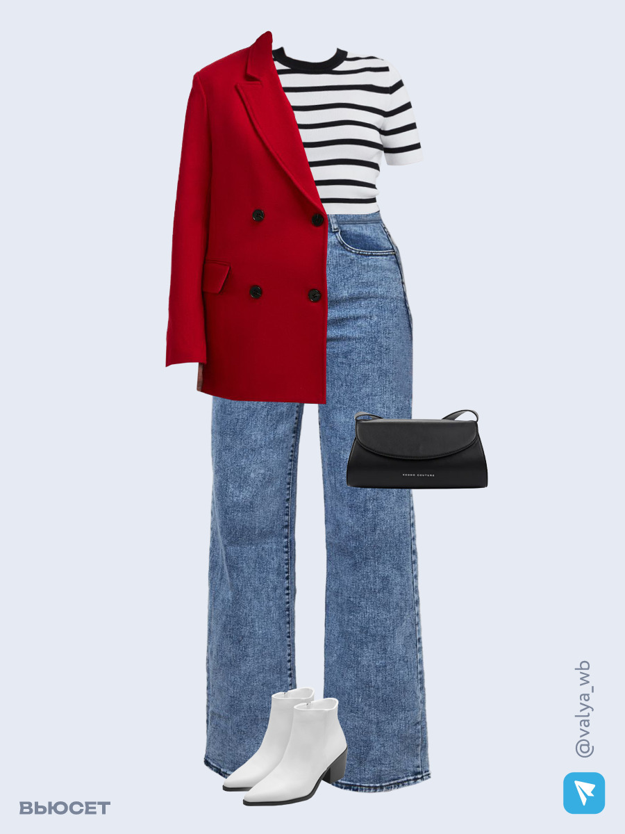 Образ с Вайлдберриз с артикулами (полупальто, джемпер, джинсы, сумка, ботильоны)