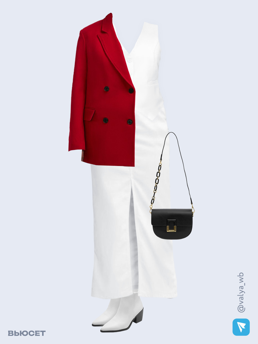 Образ с Вайлдберриз с артикулами (полупальто, жилет, юбка, сумка, ботильоны)