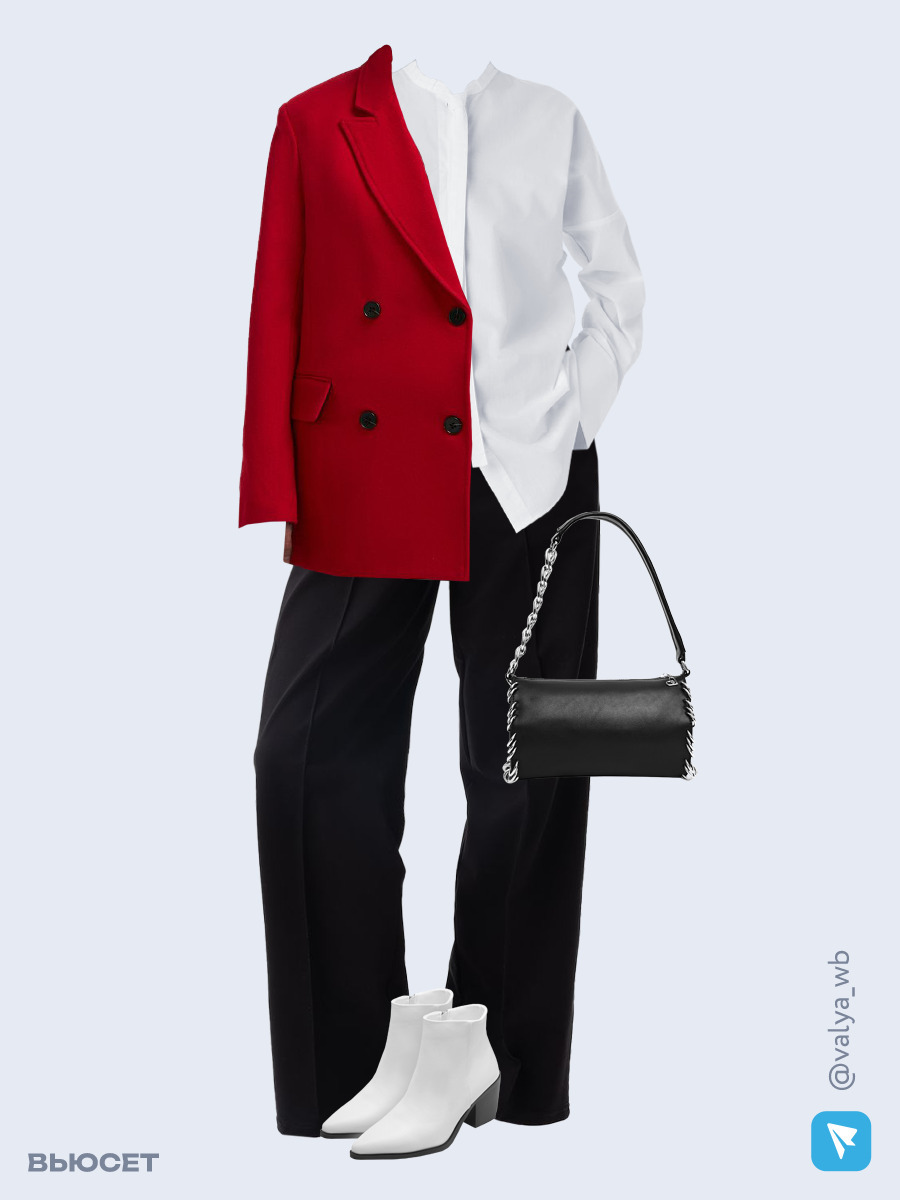 Образ с Вайлдберриз с артикулами (полупальто, рубашка, брюки, сумка, ботильоны)