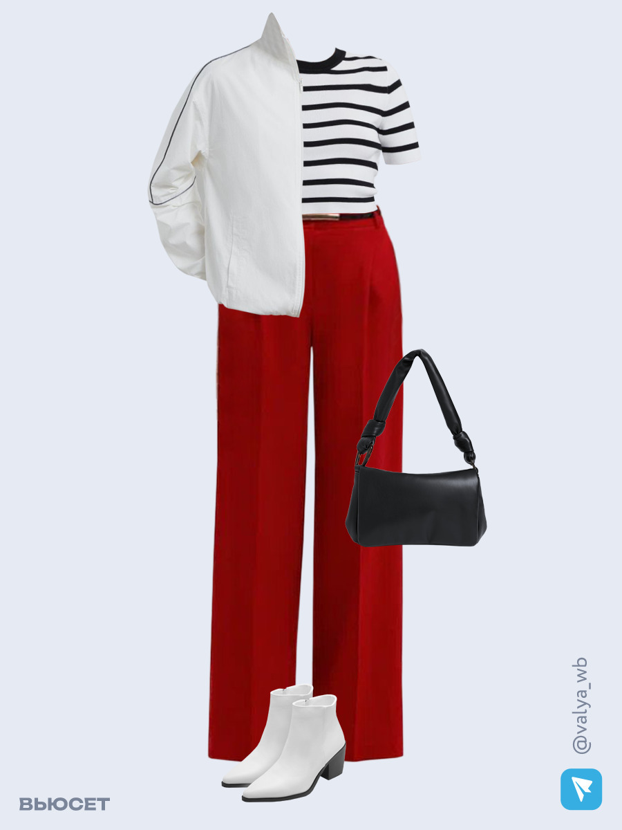 Образ с Вайлдберриз с артикулами (куртка, джемпер, брюки, сумка, ботильоны)