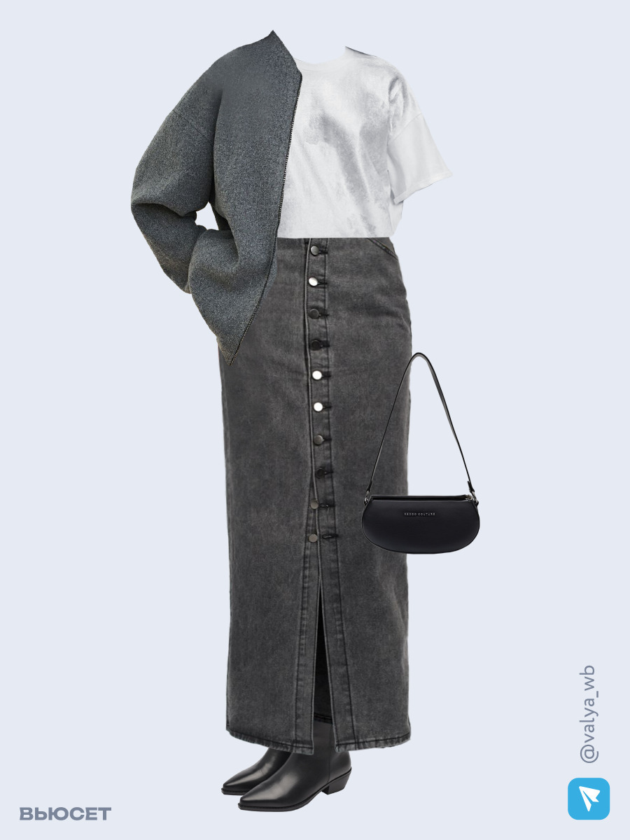 Образ с Вайлдберриз с артикулами (бомбер, футболка, юбка, сумка, ботильоны)