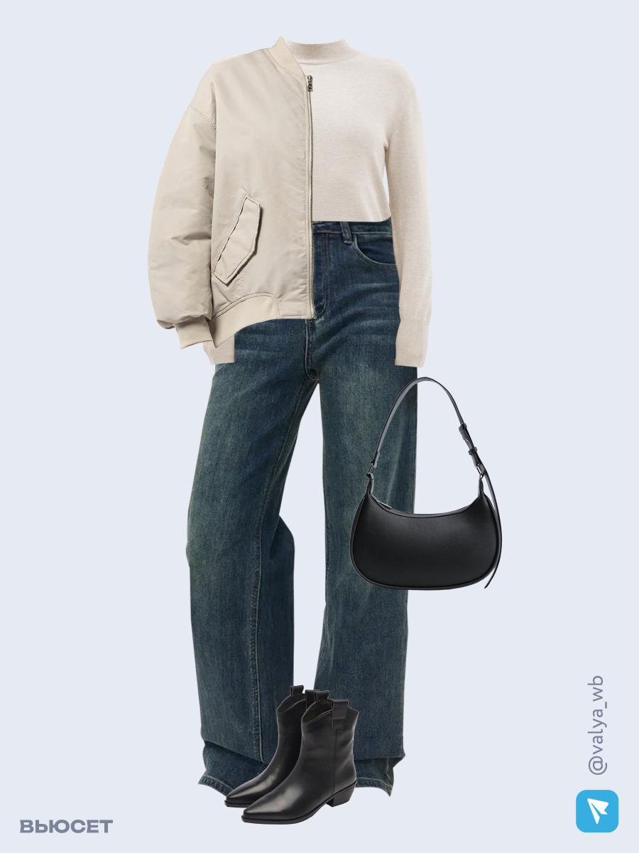 Образ с Вайлдберриз с артикулами (куртка, водолазка, джинсы, сумка, ботильоны)
