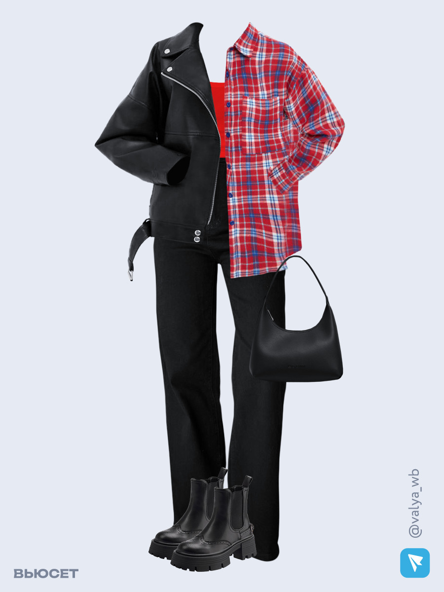 Образ с Вайлдберриз с артикулами (куртка, рубашка, майка, джинсы, сумка, ботинки)