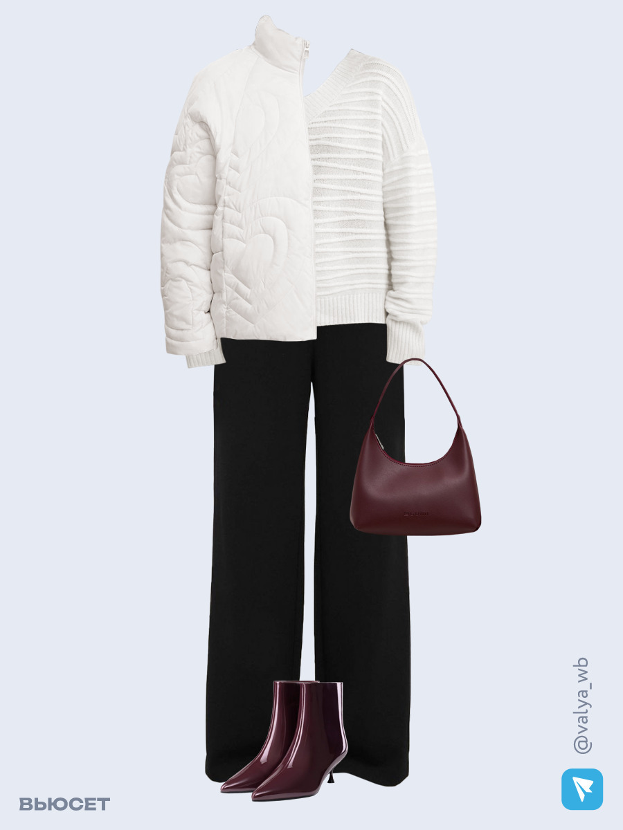 Образ с Вайлдберриз с артикулами (куртка, джемпер, брюки, сумка, ботильоны)