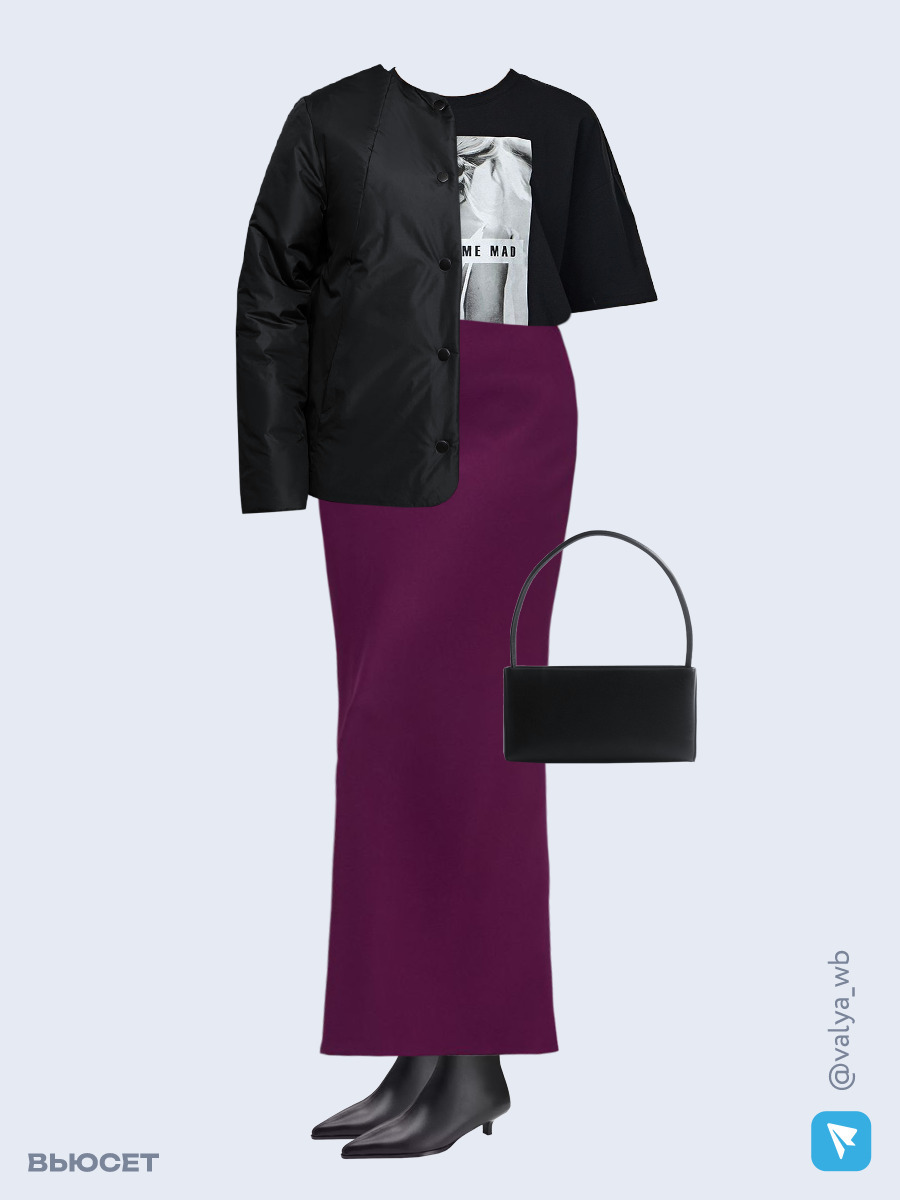 Образ с Вайлдберриз с артикулами (куртка, футболка, юбка, сумка, ботильоны)