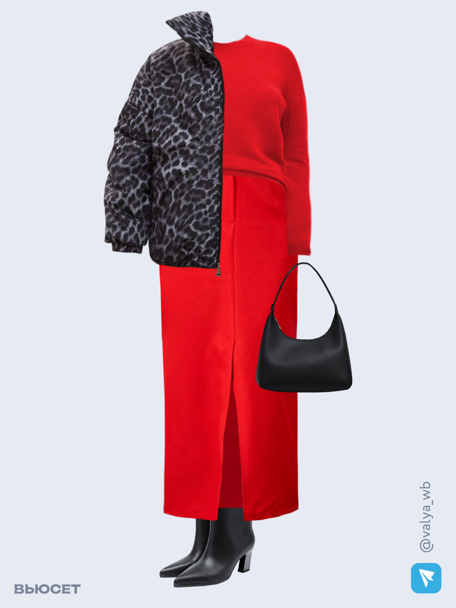 Образ с Вайлдберриз с артикулами (бомбер, джемпер, юбка, сумка, ботильоны)