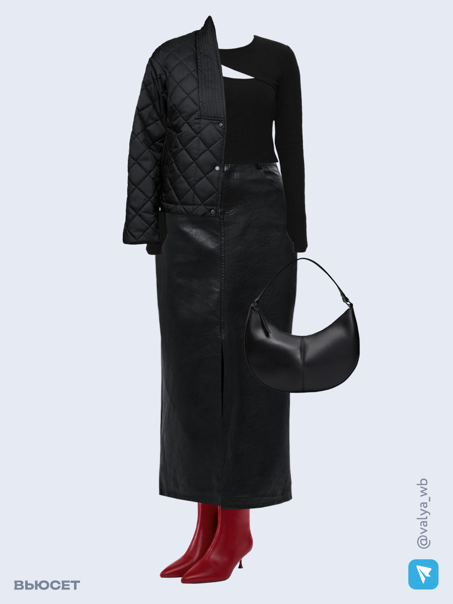 Образ с Вайлдберриз с артикулами (куртка, лонгслив, юбка, сумка, ботильоны)