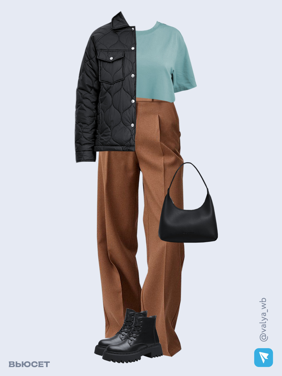 Образ с Вайлдберриз с артикулами (куртка, футболка, брюки, сумка, ботинки)