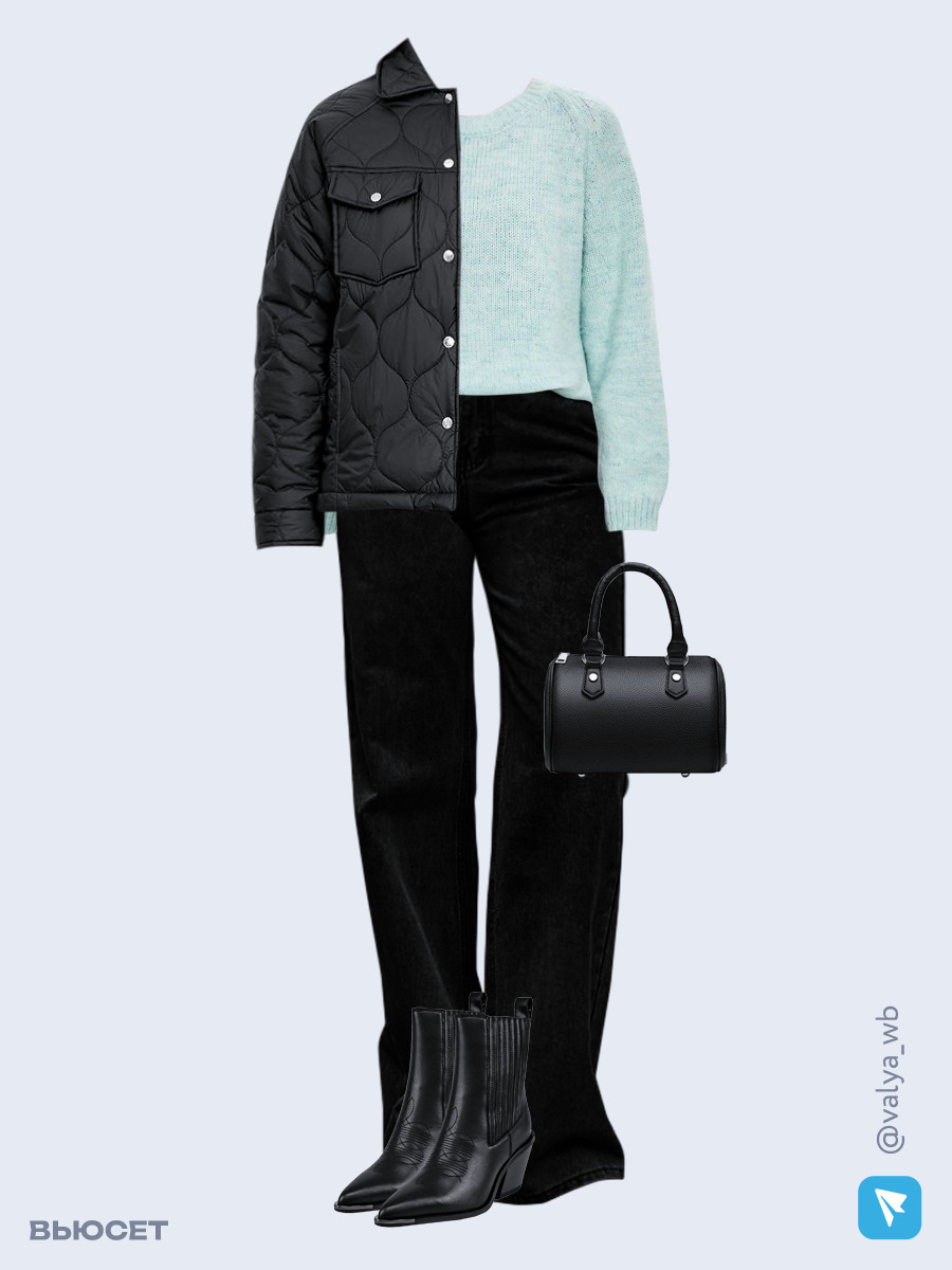 Образ с Вайлдберриз с артикулами (куртка, свитер, джинсы, сумка, ботильоны)