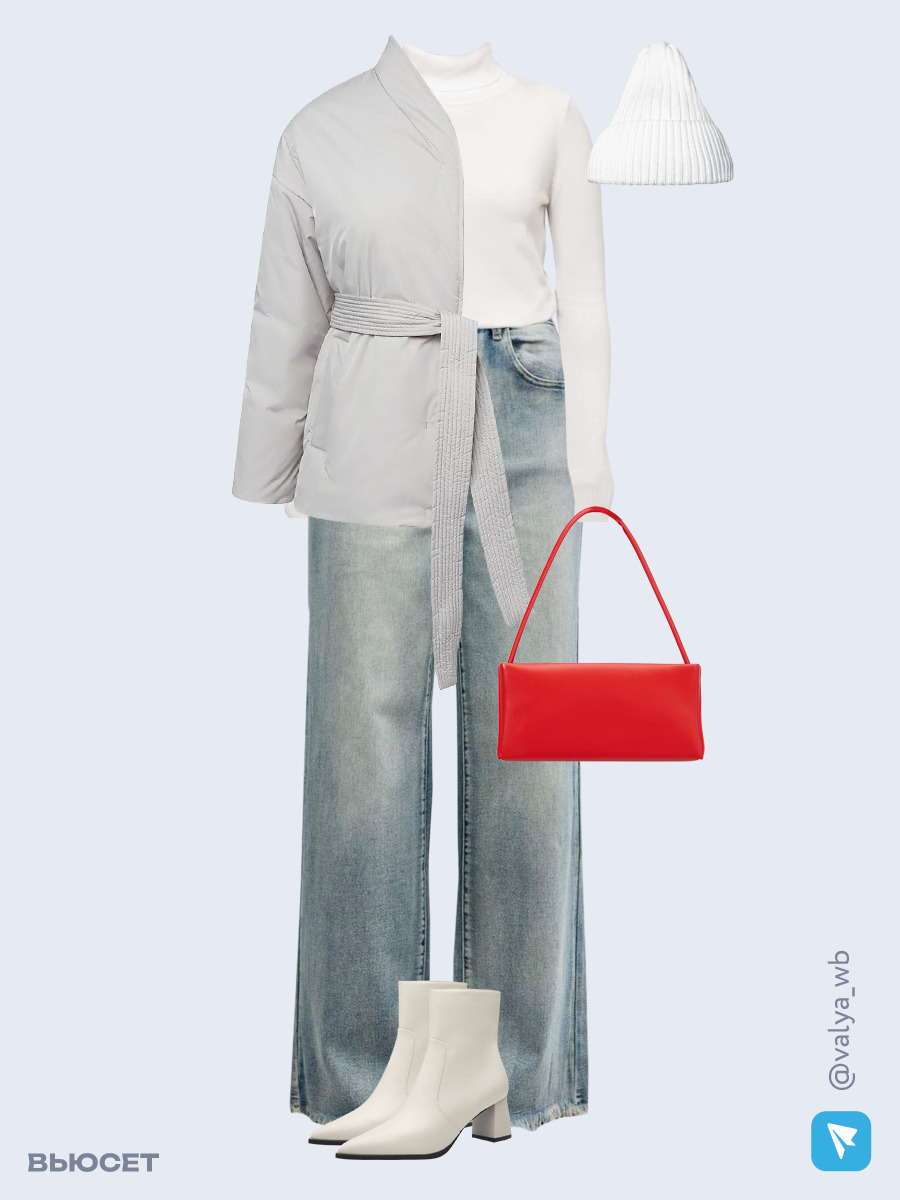 Образ с Вайлдберриз с артикулами (куртка, водолазка, джинсы, сумка, ботильоны, шапка)