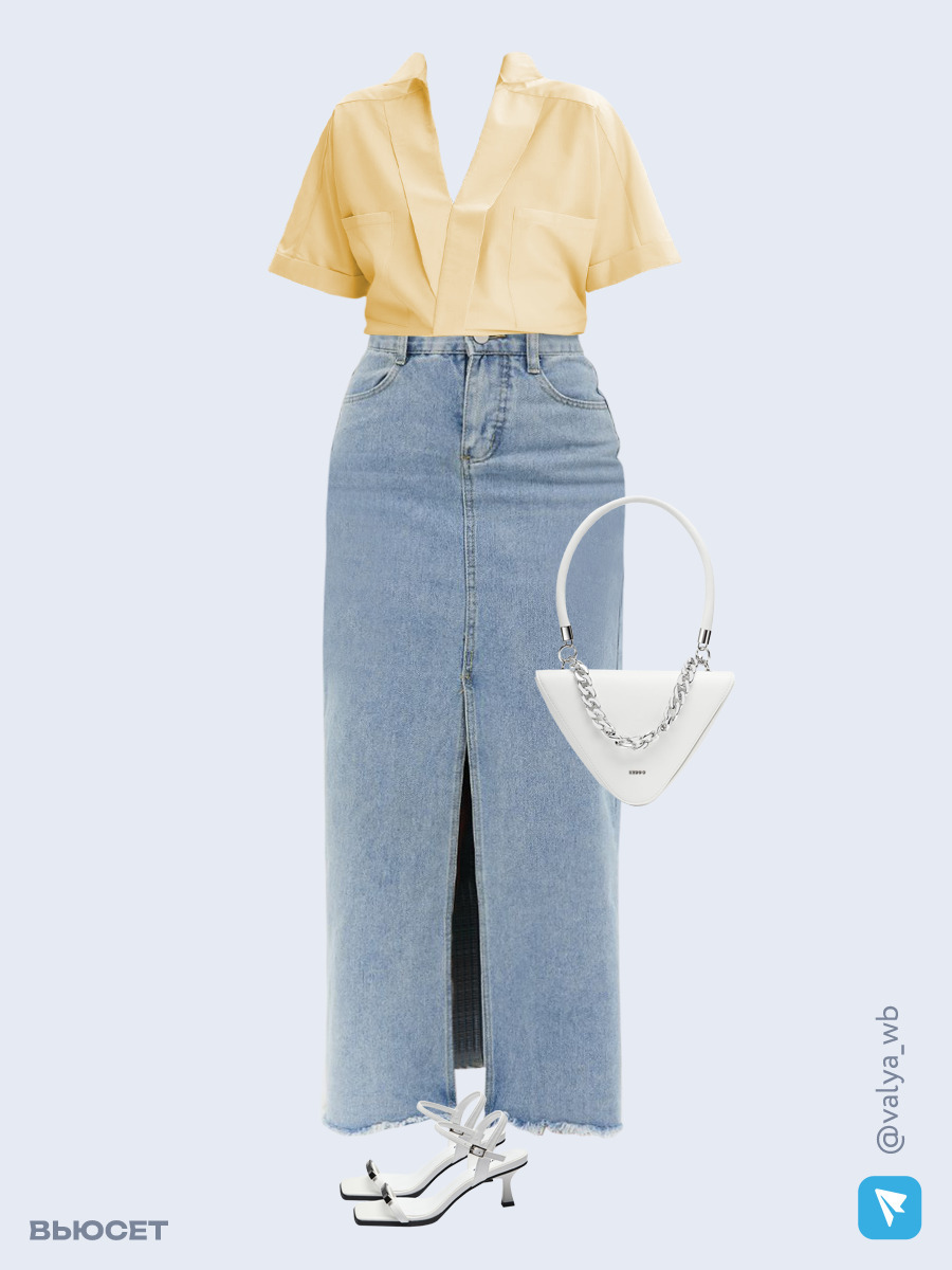 Образ с Вайлдберриз с артикулами (рубашка, юбка, сумка, босоножки)