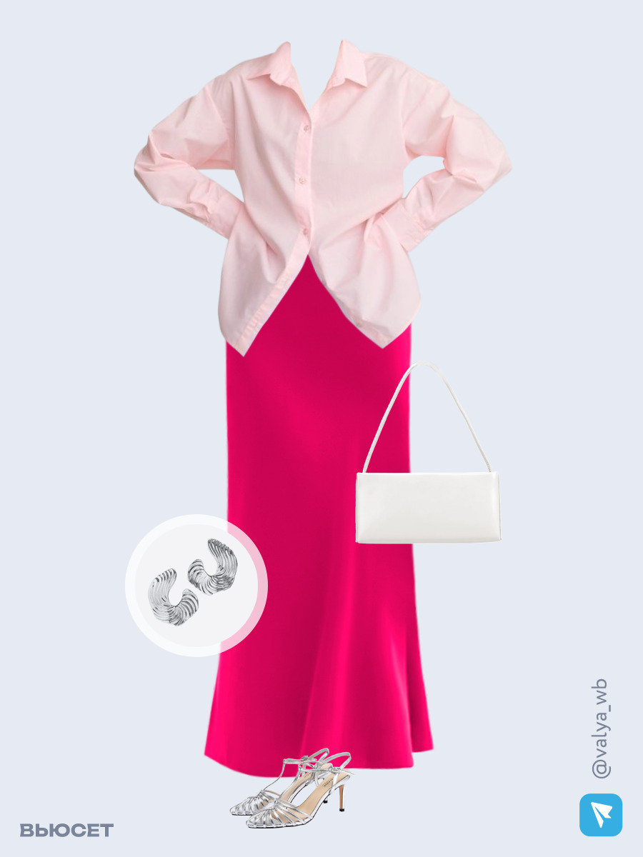 Образ с Вайлдберриз с артикулами (рубашка, юбка, сумка, босоножки, серьги)