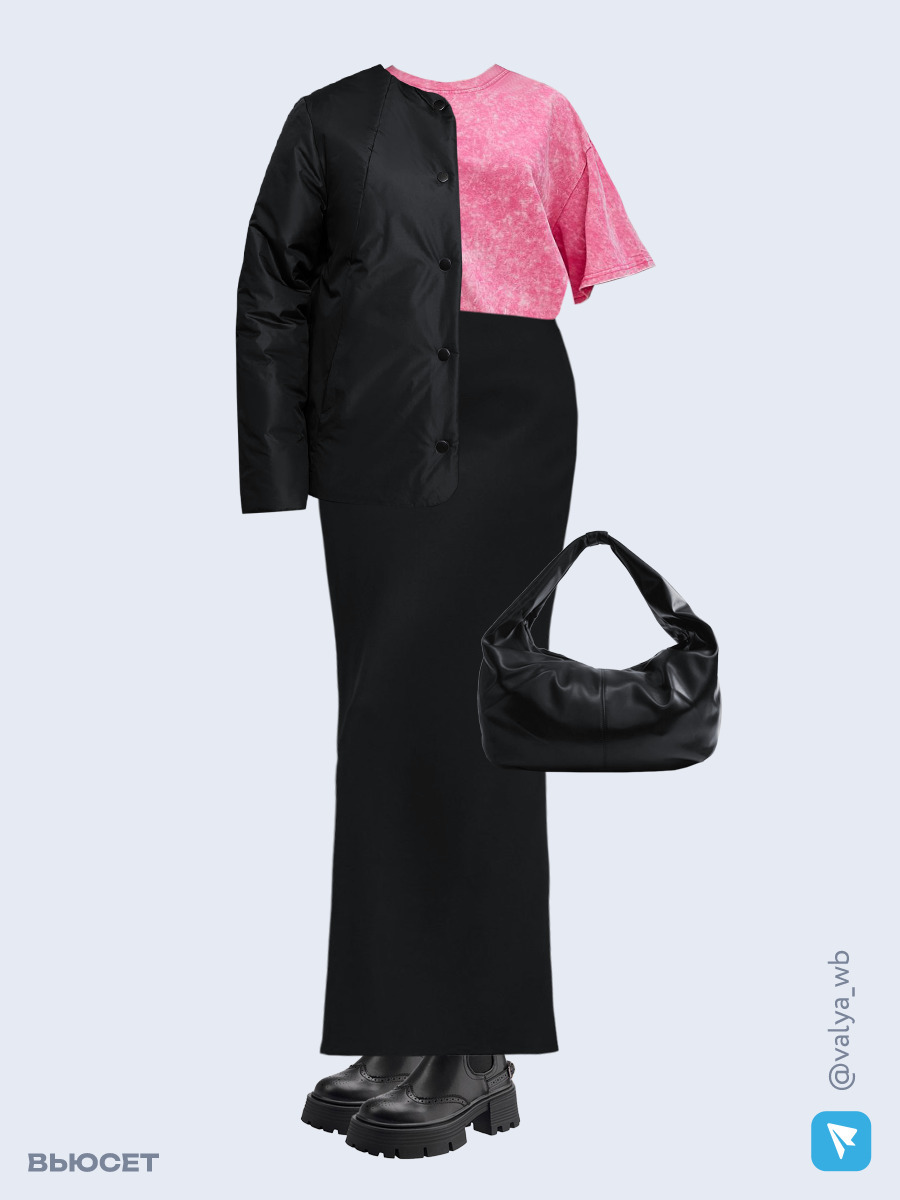 Образ с Вайлдберриз с артикулами (куртка, футболка, юбка, сумка, ботинки)