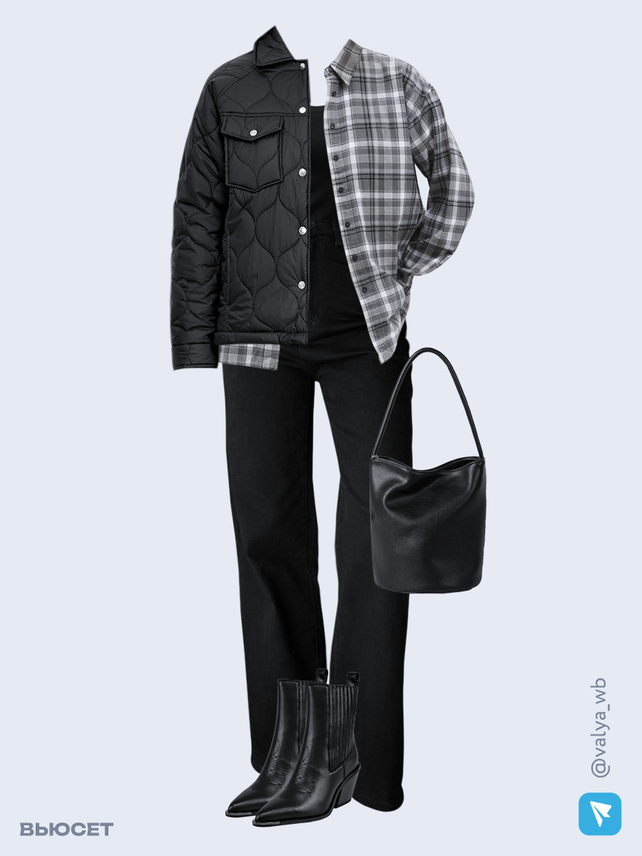 Образ с Вайлдберриз с артикулами (куртка, рубашка, топ, джинсы, сумка, ботильоны)