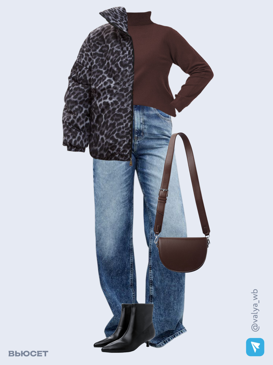 Образ с Вайлдберриз с артикулами (бомбер, водолазка, джинсы, сумка, ботильоны)