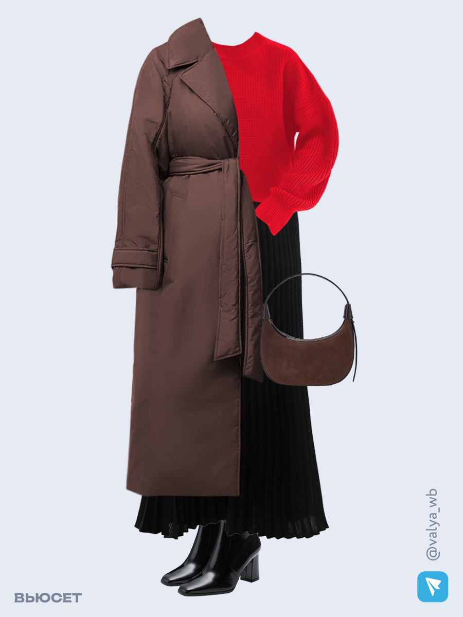 Образ с Вайлдберриз с артикулами (пальто, свитер, юбка, сумка, ботильоны)