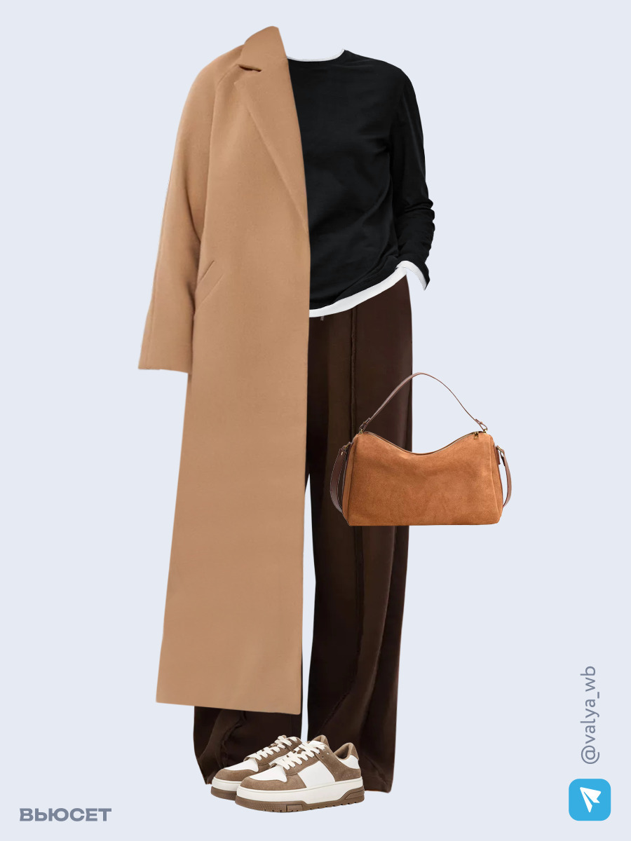 Образ с Вайлдберриз с артикулами (пальто, лонгслив, брюки, сумка, кеды)