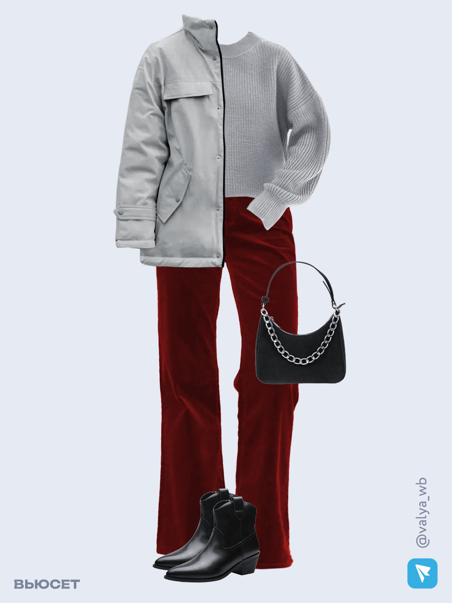 Образ с Вайлдберриз с артикулами (куртка, свитер, брюки, сумка, ботильоны)