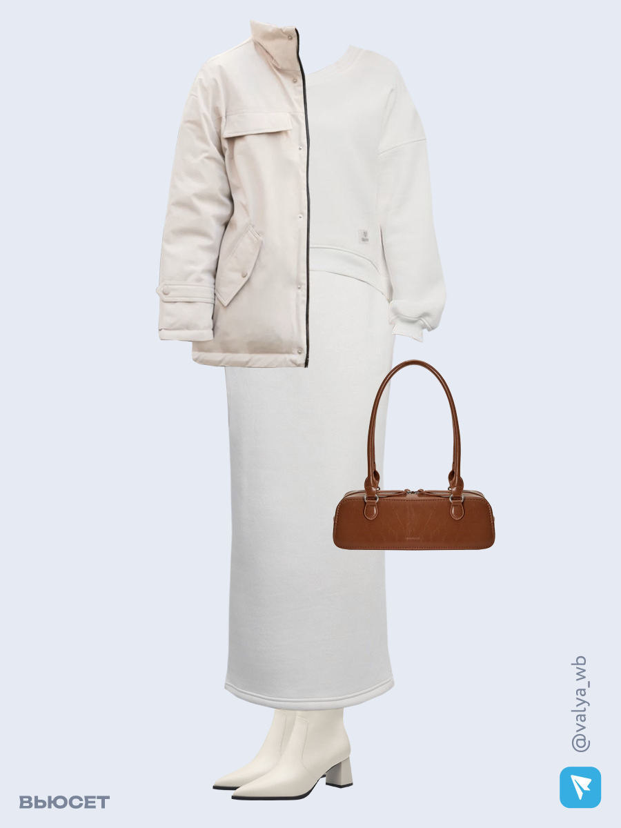 Образ с Вайлдберриз с артикулами (куртка, свитшот, юбка, сумка, ботильоны)