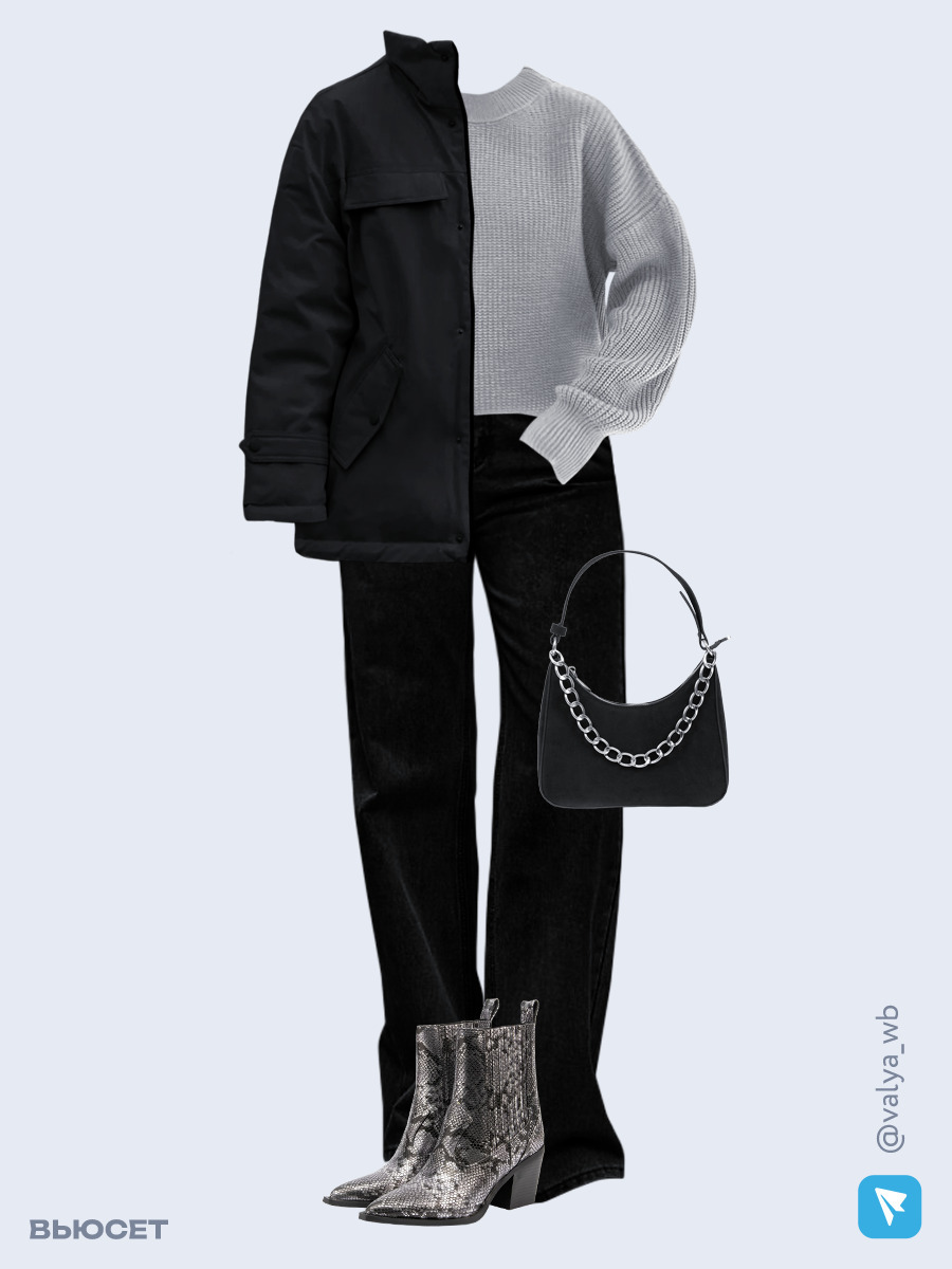 Образ с Вайлдберриз с артикулами (куртка, свитер, джинсы, сумка, ботильоны)