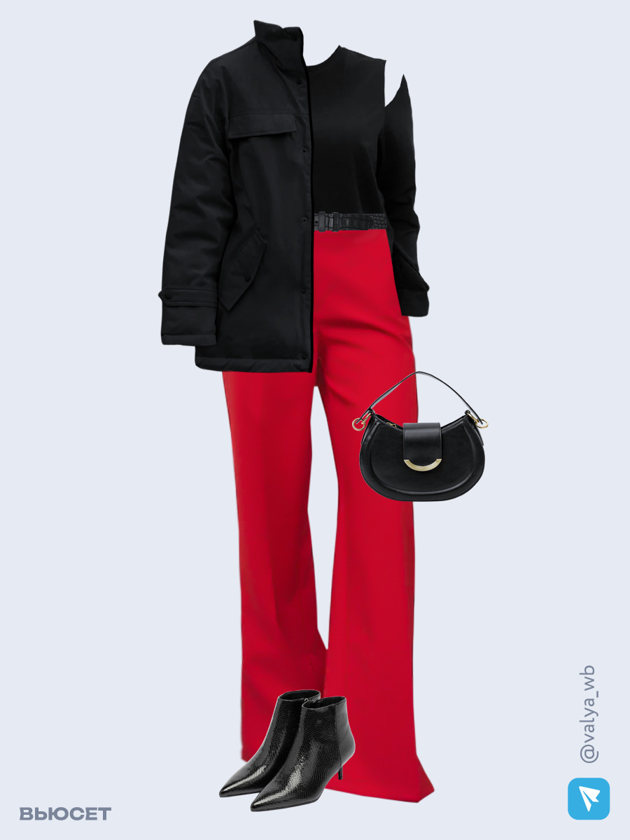 Образ с Вайлдберриз с артикулами (куртка, лонгслив, брюки, сумка, ботильоны, ремень)