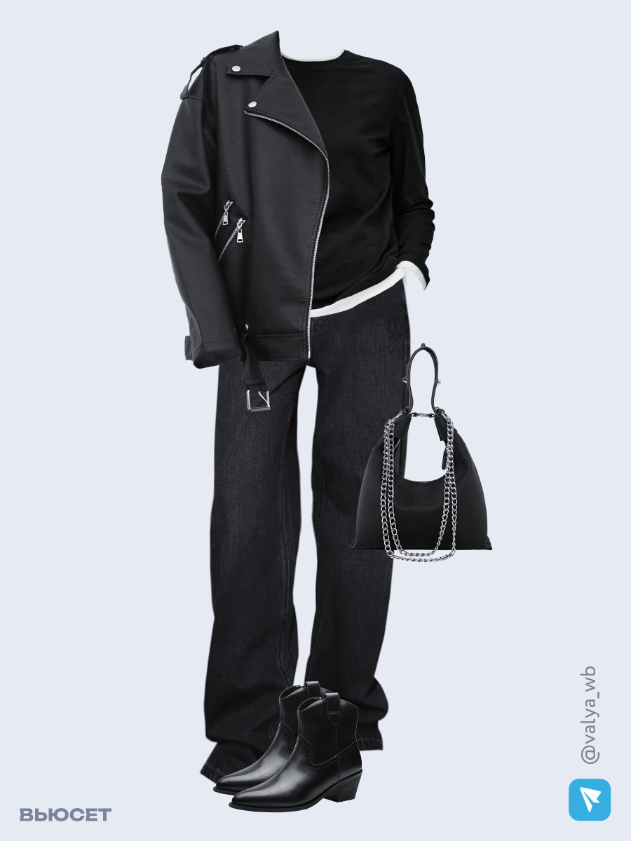 Образ с Вайлдберриз с артикулами (куртка, лонгслив, джинсы, сумка, ботильоны)