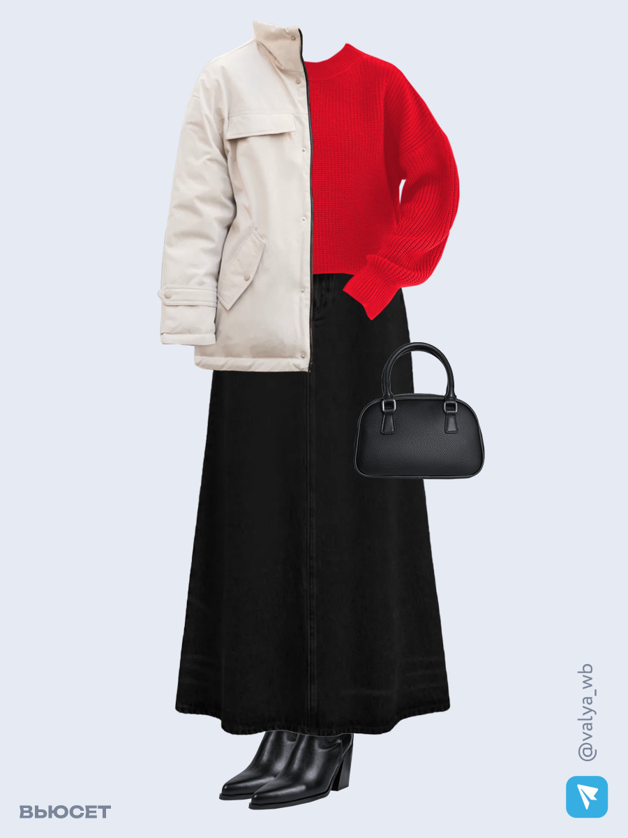 Образ с Вайлдберриз с артикулами (куртка, свитер, юбка, сумка, ботильоны)